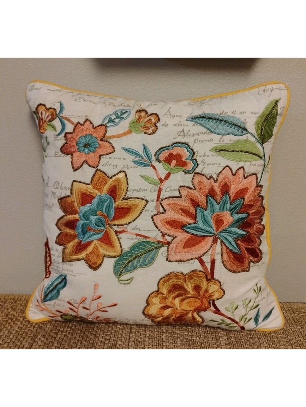 Pier 1 Beaded Embroidered Floral Throw Pillow Boho Cottagecore 17” Square Zip
